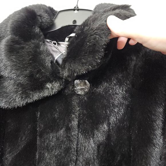 Dennis Basso Faux Fur Mink Black Coat Women Size Large Collared Pockets Mobwife - Picture 6 of 12